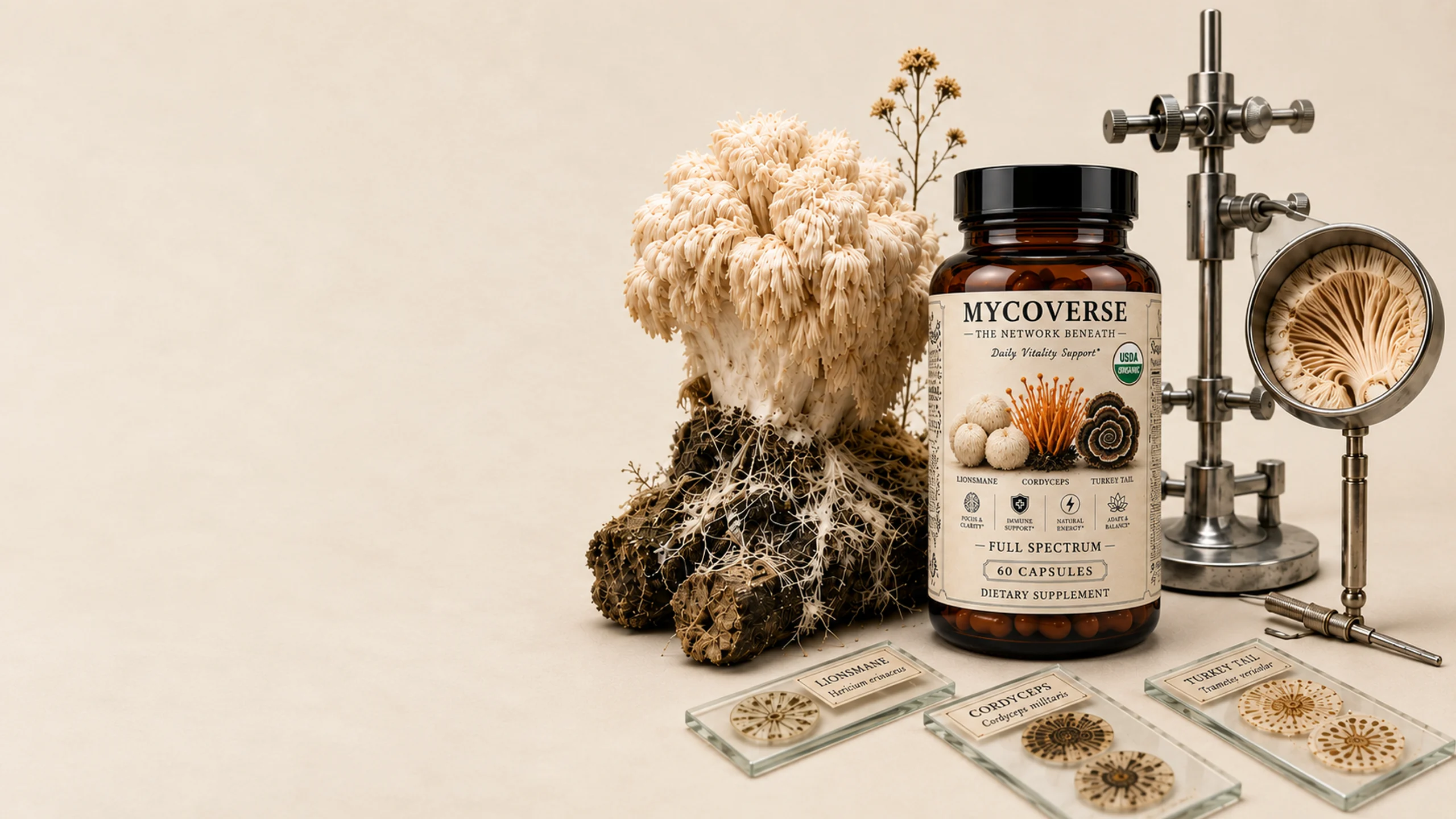 A MYCOVERSE full-spectrum bottle on a naturalist's bench among Lion's Mane, Cordyceps, and Turkey Tail specimens, a magnifier, and labeled slides
